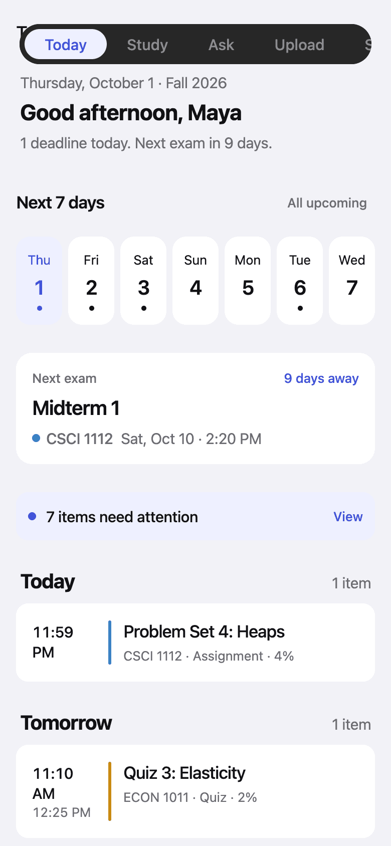 The Today screen on iPhone: a summary, the next seven days, the next exam, and today's deadlines